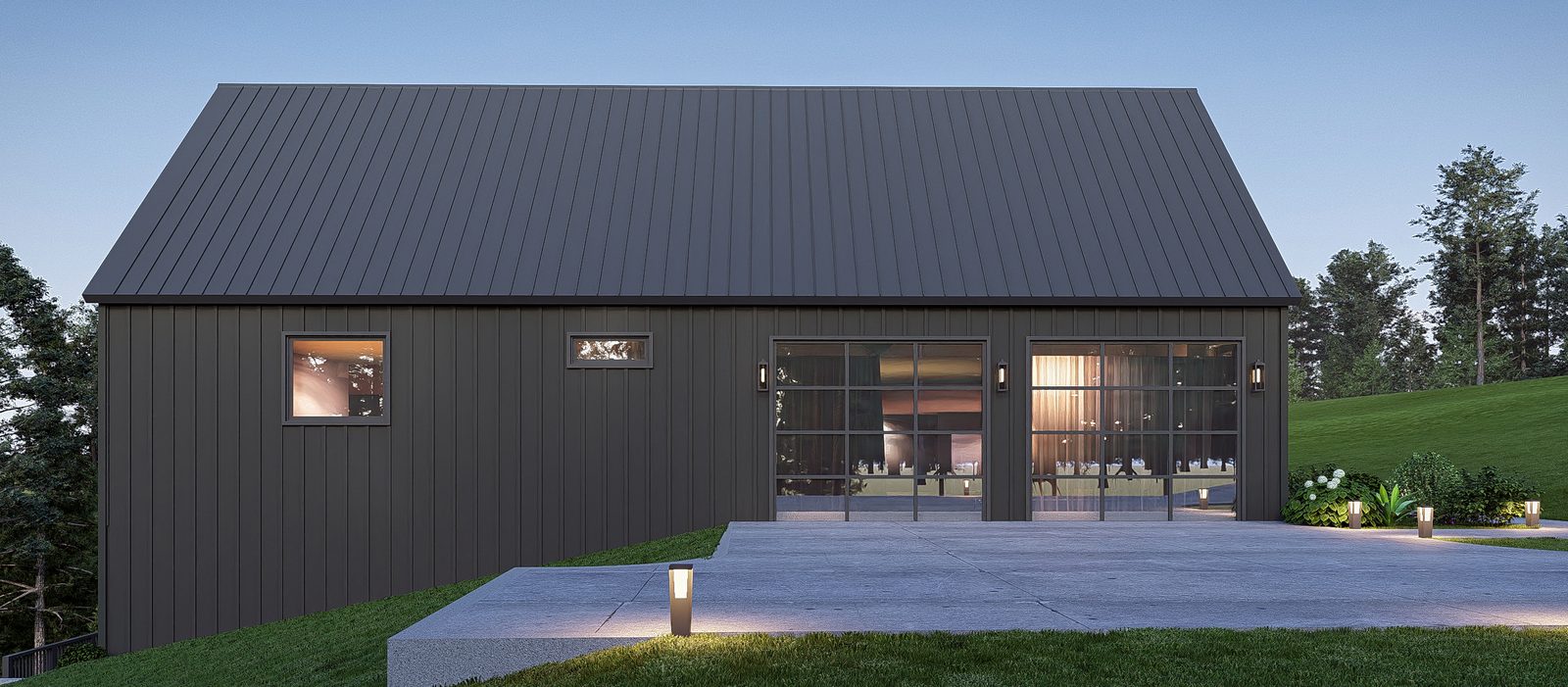 Barn-style flex building with glass overhead doors